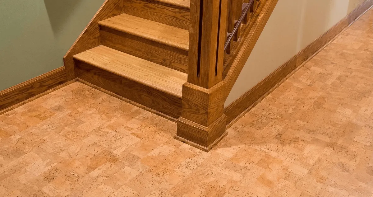 End of a staircase with cork flooring in Spokane, WA