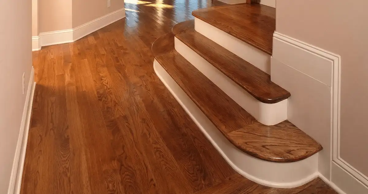 Base floor of a staircase with professionally restored wood flooring in Spokane WA