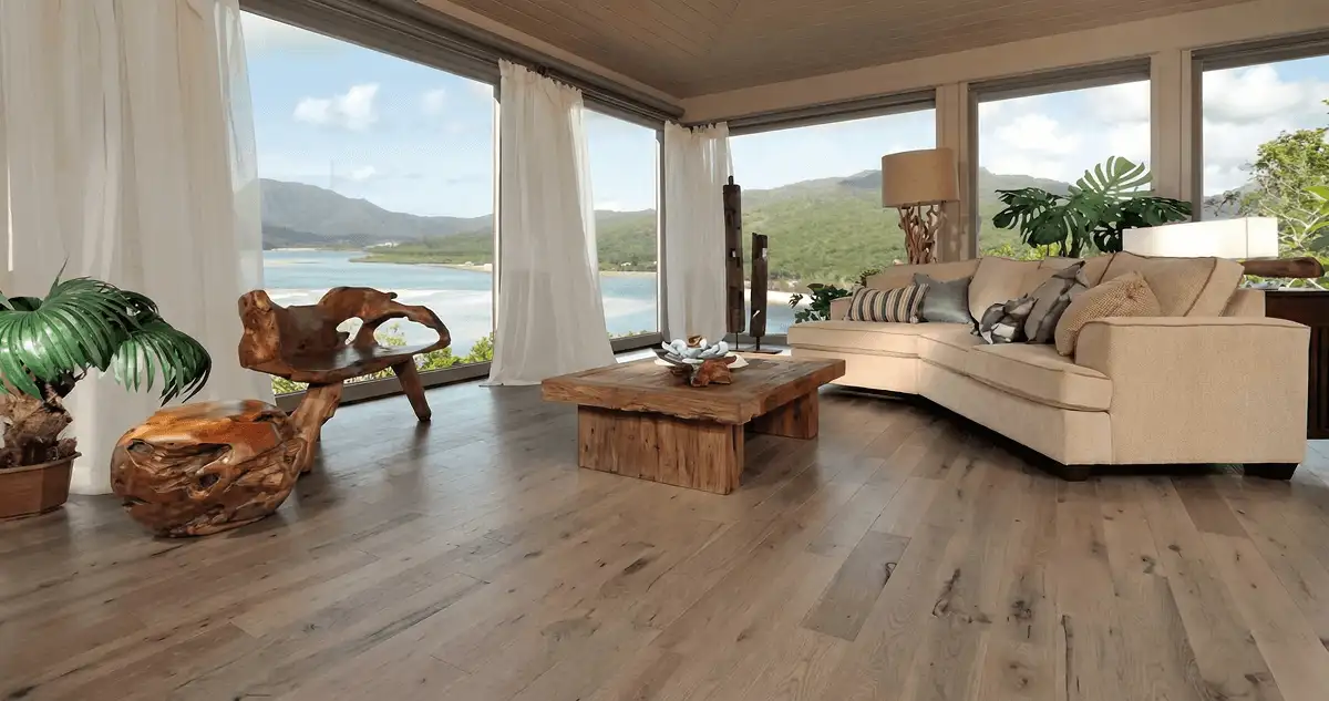 Professionally installed vinyl flooring in a modern living room with large windows in Spokane, WA